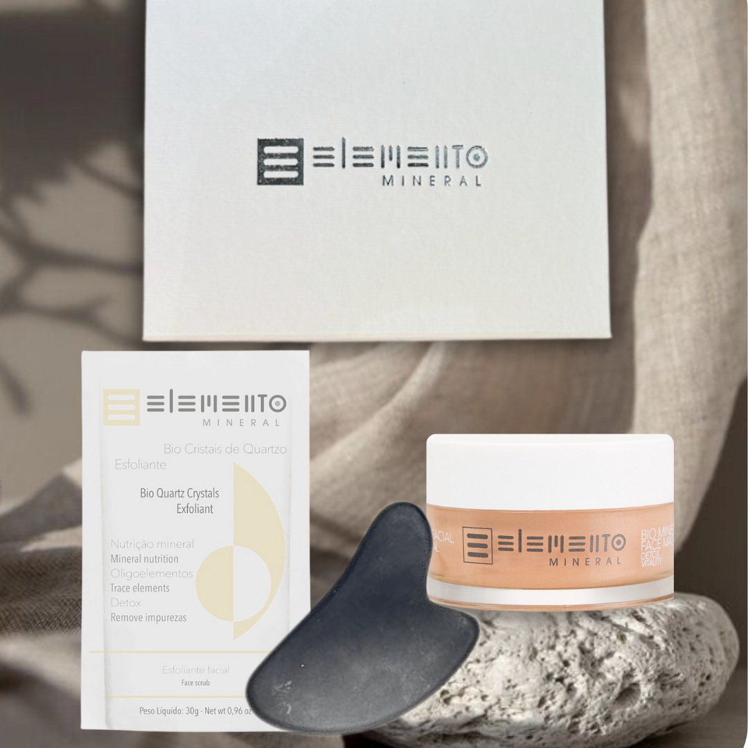 Caixa Kit: 1 Máscara Bio Mineral + 1 Gua Sha Pedra Vulcânica + 1 Bio Cristais de Quartzo